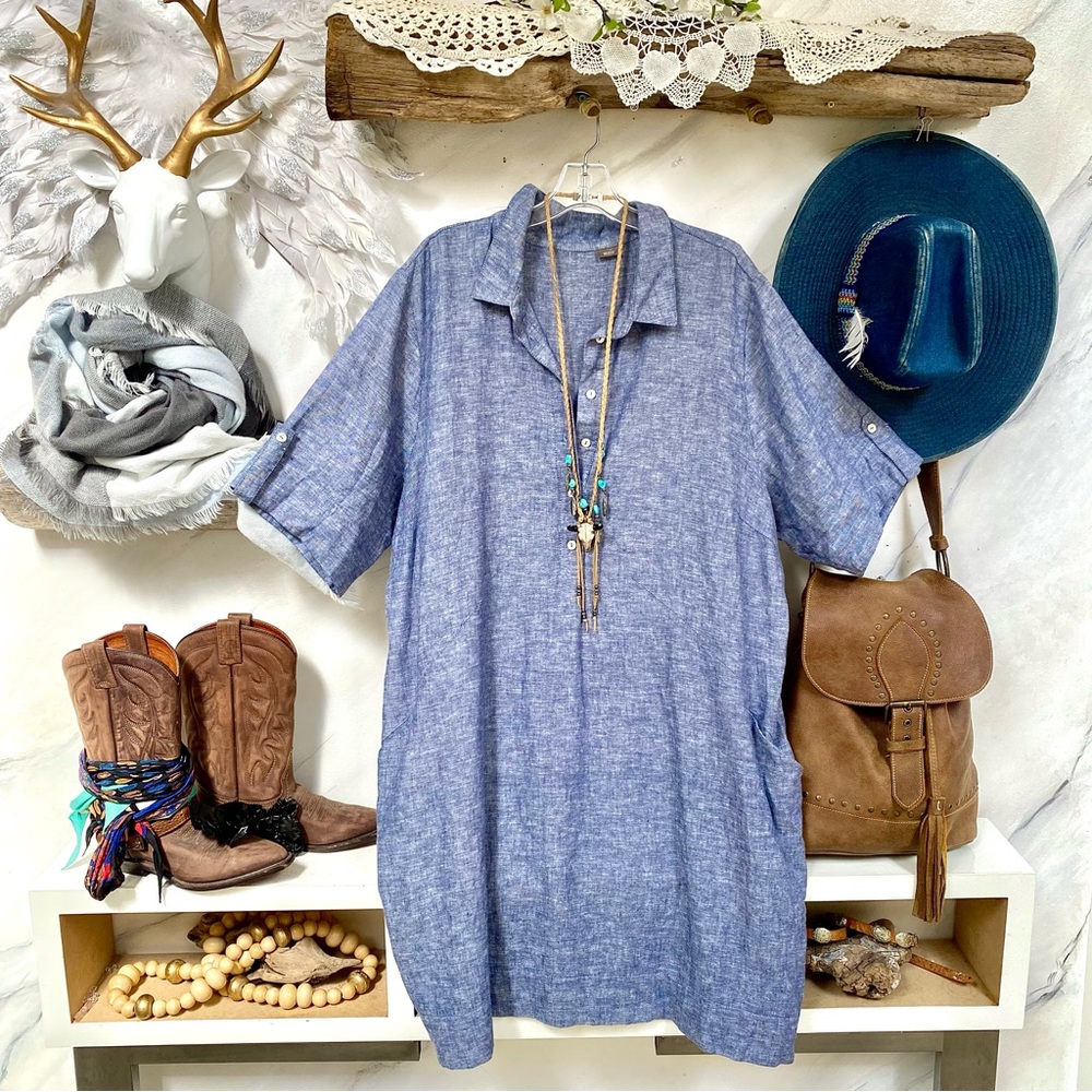 Denim vibe LINEN blend dress w pockets resort vacay lounge vibe